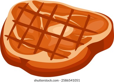 Grilled pork chop with cross hatch grill marks isolated on white background, simple flat vector illustration of cooked meat, perfect for restaurant menus, food blogs or recipe books