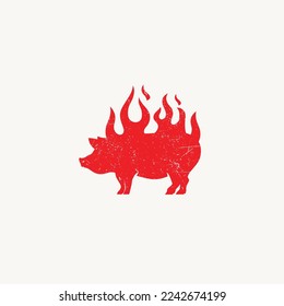 Grilled Pork Pig Boar Fire Flame Red Vintage BBQ Barbecue Logo design inspiration