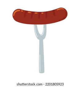 Grilled pork sausage on meat fork in flat doodle style for Oktoberfest. Isolated hand drawn vector illustration of roasted barbecue food
