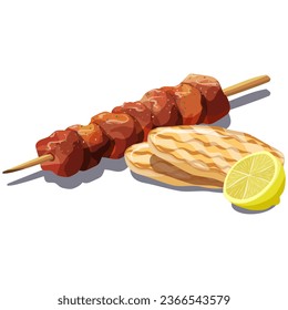 Grilled pork skewer (souvlaki) with oregano served with fluffy pita bread and lemon. Famous traditional Greek fast food. Vector illustration.