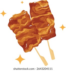 Grilled pork skewers vector illustration. Delicious Thai street food "Moo Ping" on wooden sticks. Perfect for Asian cuisine menus, food blogs, and restaurant designs.