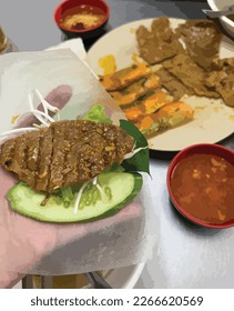 Grilled pork from Vietnam. Unlike in other areas, the grilled pork in the central area is wrapped in rice paper, herbs, cucumbers, and vegetables. Serve with peanut sauce. Vector and photo versions.