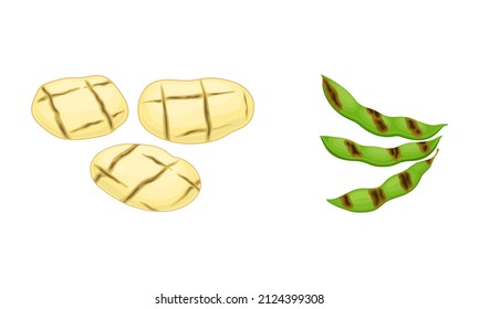 Grilled Potato and Green Pea Pod as Cooked Food Vector Set