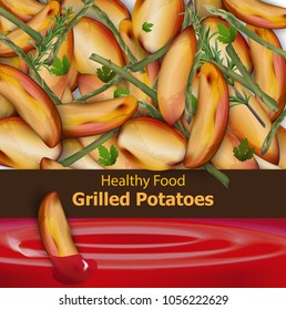 Grilled potatoes background Vector. Menu template realistic illustration