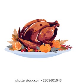 Grilled poultry and vegetables on autumn leaf over white