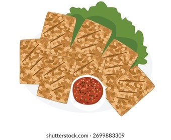 Grilled, rectangular food items are arranged on a plate with a side of sauce and leafy greens.