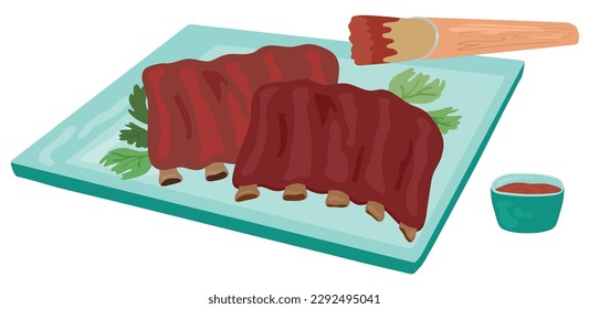 Grilled ribs on blue plate with parsley, BBQ sauce and brush. Hand drawn vector illustration. Suitable for website, stickers, gift cards.
