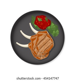 Grilled ribs with sauce and greens on a frying pan. Top view stock vector dish on white background