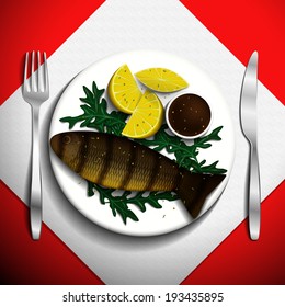 Grilled river trout with lemon and arugula on white plate.