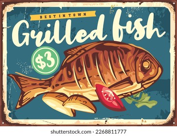 Grilled and roasted fish vintage menu design vector sign. Retro seafood restaurant sign concept with tasty fish and fried potatoes graphic.