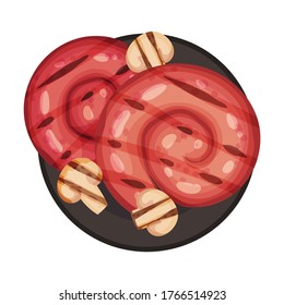 Grilled Rolled Wurst Rested on Plate with Sliced Mushrooms Vector Illustration