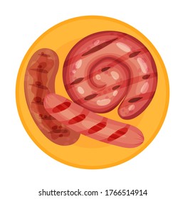 Grilled Rolled Wurst and Sausages Rested on Plate with Sliced Mushrooms Vector Illustration