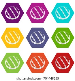 Grilled round beef steak icon set many color hexahedron isolated on white vector illustration