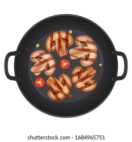 Grilled royal champignon mushrooms slice, in a pan with chili peppers, isolated on white background. Vector illustration.