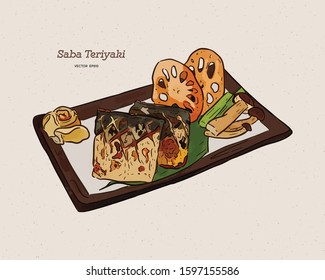 Grilled Saba fish steak with teriyaki sauce - Japanese food style. Hand draw sketch vector.