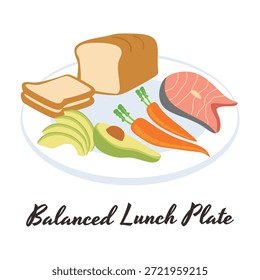 Salmón a la parrilla con aguacate y pan en estilo plano. Símbolo de dieta equilibrada. Ilustración vectorial gráfica.