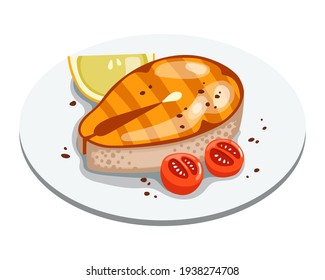 Grilled salmon fillet fish on plate. Cooked tuna steak with lemon and tomatoes. Cartoon vector seafood illustration.