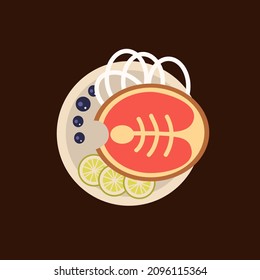 Grilled salmon fillet fish on plate. Cooked tuna steak with lemon and   olives. Cartoon vector seafood illustration.