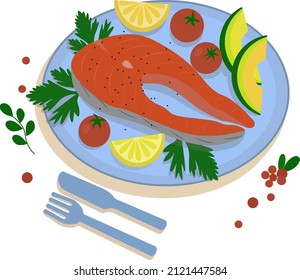 Grilled salmon fillet fish on a plate. Cooked trout steak with lemon and tomatoes. Cartoon vector illustration of seafood.