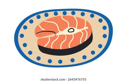Grilled salmon fillet fish on plate. Cooked tuna steak . Cartoon vector sea food illustration isolate on white .