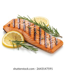 Filete de salmão grelhado com limão e alecrim isolado no fundo branco - frutos do mar gourmet e cozinha culinária conceito