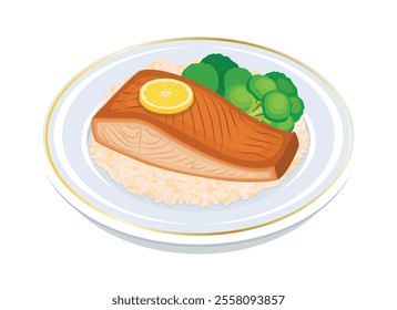 Grilled salmon fillet with rice and broccoli on a plate vector illustration. Baked salmon, rice and broccoli icon vector isolated on a white background. Fish steak with lemon drawing