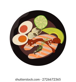 Ilustración vectorial de filete de salmón a la parrilla, comida saludable.
