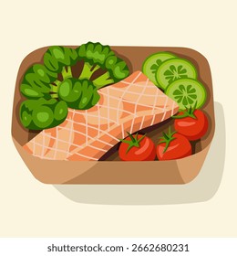 Grilled salmon Healthy Vegetables vector flat illustration