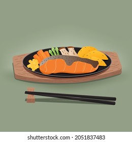 Grilled salmon on a plate. Vector illustration on green background illustration vector.