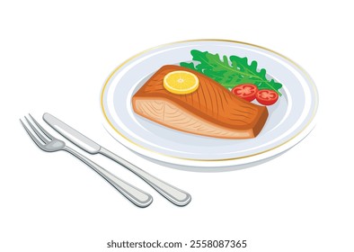 Grilled salmon and salad on a plate vector illustration. Baked salmon, arugula and tomato icon vector isolated on a white background. Fish steak with lemon drawing. Salmon fillet with lemon vector