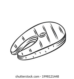 Grilled salmon steak icon. Fried fish seafood outline vector drawing monochrome illustration.