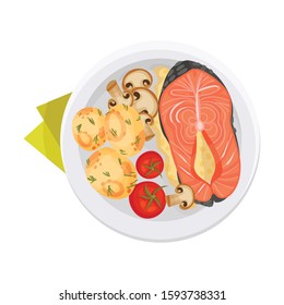 Grilled Salmon Steak with Mushrooms and Tomatoes Served on Flat Plate Vector Illustration