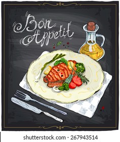 Lachssteak mit gegrilltem Lachs auf einem Teller mit Kalk, Kirschtomaten und Brokkoli mit Sauce, handgezeichnete Illustration auf einem Karton.Guten Appetit.