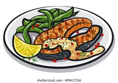 grilled salmon steak on plate with sauce, spinach, condiments and lemon