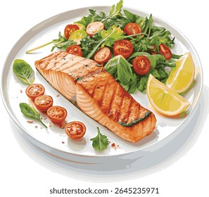 Grilled salmon steak with roasted vegetables and a fresh salad, a healthy and delicious meal