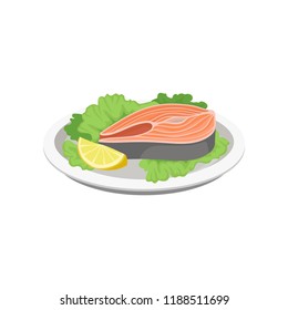 Grilled salmon steak served with lemon and lettuce leaves on a plate vector Illustration on a white background