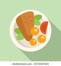 Grilled salmon steak served on plate with vegetables icon in flat design isolated on green background