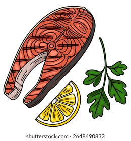 Ilustração de vetor de bife de salmão grelhado com fatia de limão e salsa, estilo vibrante desenhado à mão para design culinário.