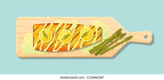 Grilled salmon steak with vegetables and spices served on wooden cutting board , vector , illustration