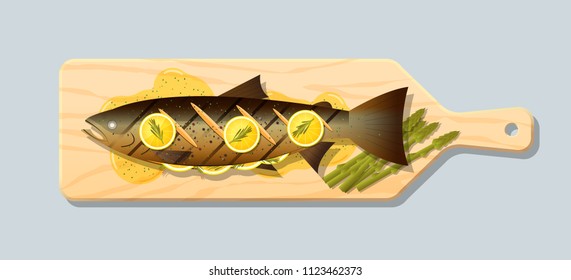 Grilled salmon steak with vegetables and spices served on wooden cutting board , vector , illustration