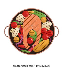 Grilled salmon steak with vegetables. Tomatoes, peppers, mushrooms