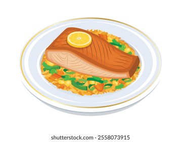 Grilled salmon and vegetable rice on a plate vector illustration. Fried rice with baked salmon and vegetables on a plate icon vector isolated on a white background. Fish steak with lemon drawing