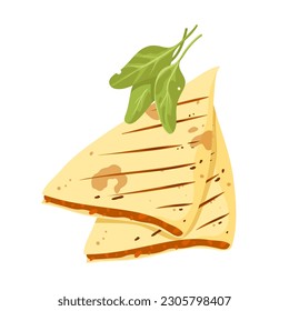 Grilled sandwich vector illustration. Cartoon isolated stuffed tortilla slices, triangle hoagie from maize or wheat flatbread, cheese and meat, tasty fastfood toast and green leaf for lunch snack