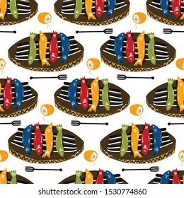 Grilled Sardines Fish Seamless Vector Pattern. Traditional BBQ Motif for Lisbon St Anthony Portugese Food Festival. Graphic for Hot Barbeque Recipe, Healthy Portugal Seafood Background. All Over Print