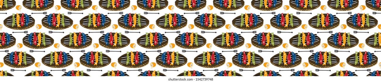 Grilled Sardines Fish Seamless Vector Border Pattern. Traditional BBQ Motif. Lisbon St Anthony Portugese Food Festival. Banner Hot Barbeque Recipe, Portugal Seafood Background Edging Vector EPS 10