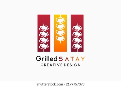 Grilled satay logo design with creative concept, satay silhouette in a box. Vector illustration