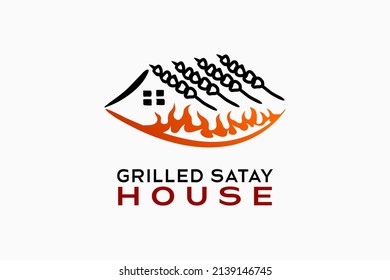 Diseño del logo de la casa de comidas asadas con un concepto creativo dibujado a mano. Icono satírico con icono de fuego en forma de casa. Ilustración del logotipo del restaurante de carne a la parrilla
