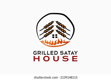 Grilled sate house logo design with a creative hand-drawn concept. The satay icon combines with the fire icon in the shape of a house in a circle. Logo illustration for grilled meat restaurant