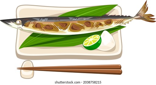 Grilled saury on the plate,  and chopsticks.autumn taste icon illustration , vector imag