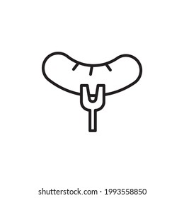 grilled sausage, barbecue, black flat and outline design. Vector illustration. Sausage on fork icon. Simple illustration of sausage on fork vector icon for web